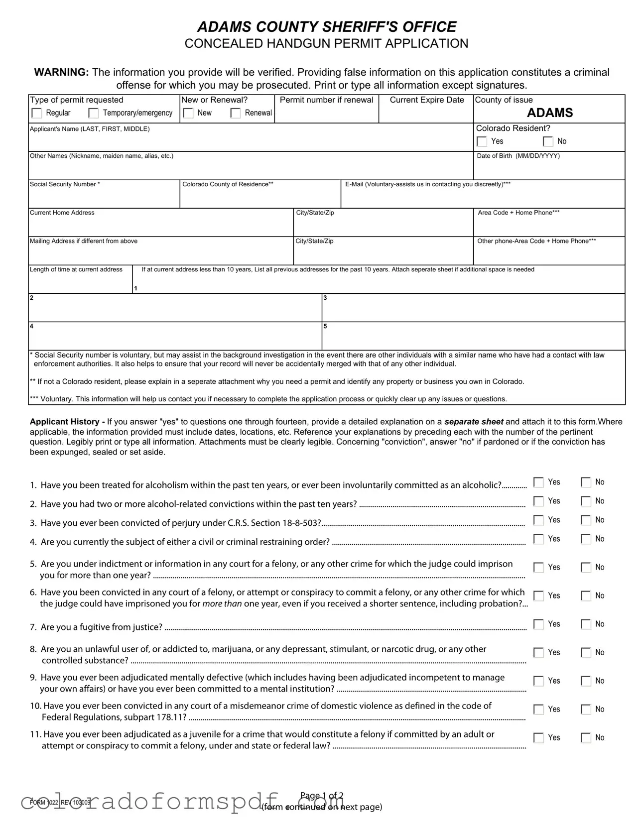 Get Adams County Colorado Concealed Permit Form