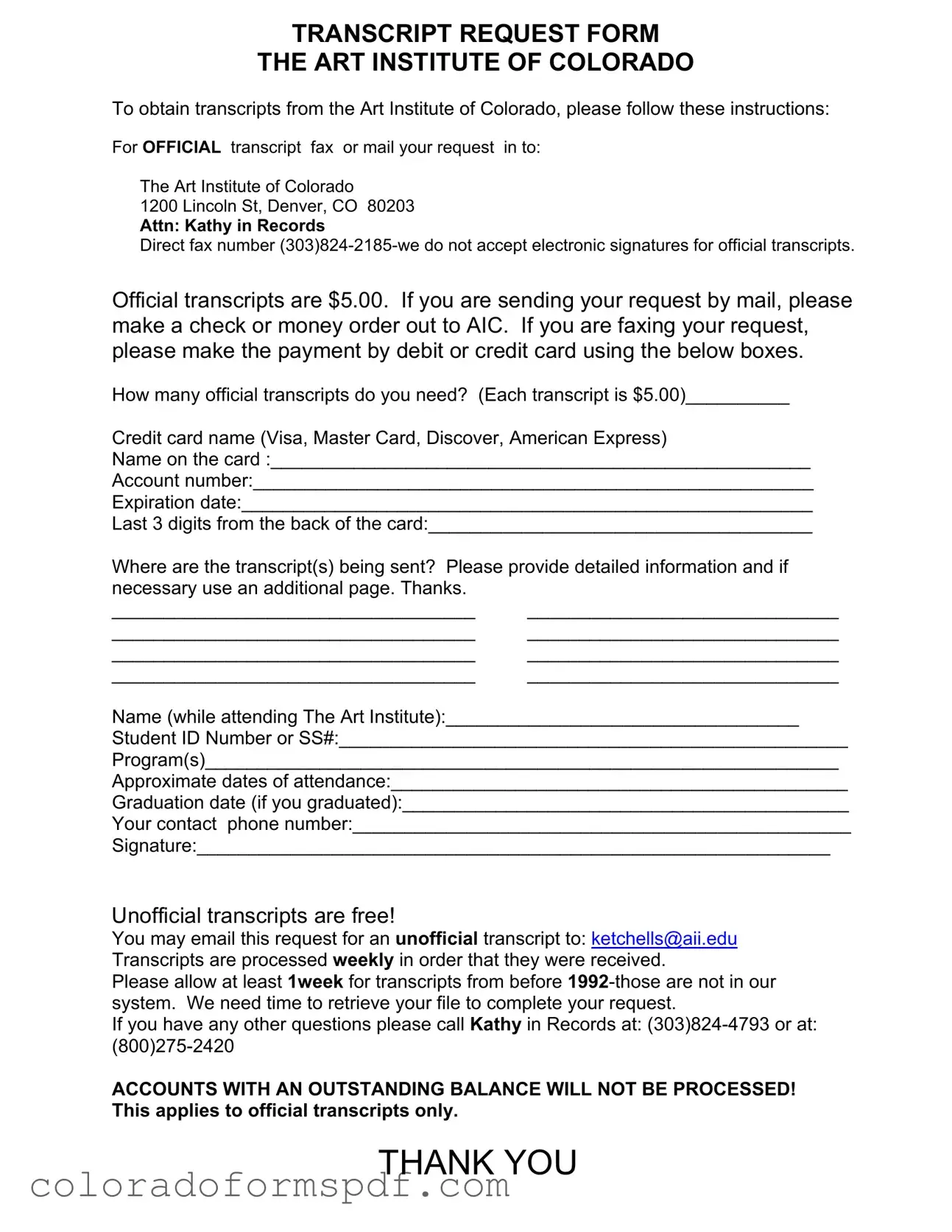 Get Art Institute Colorado Transcript Request Form