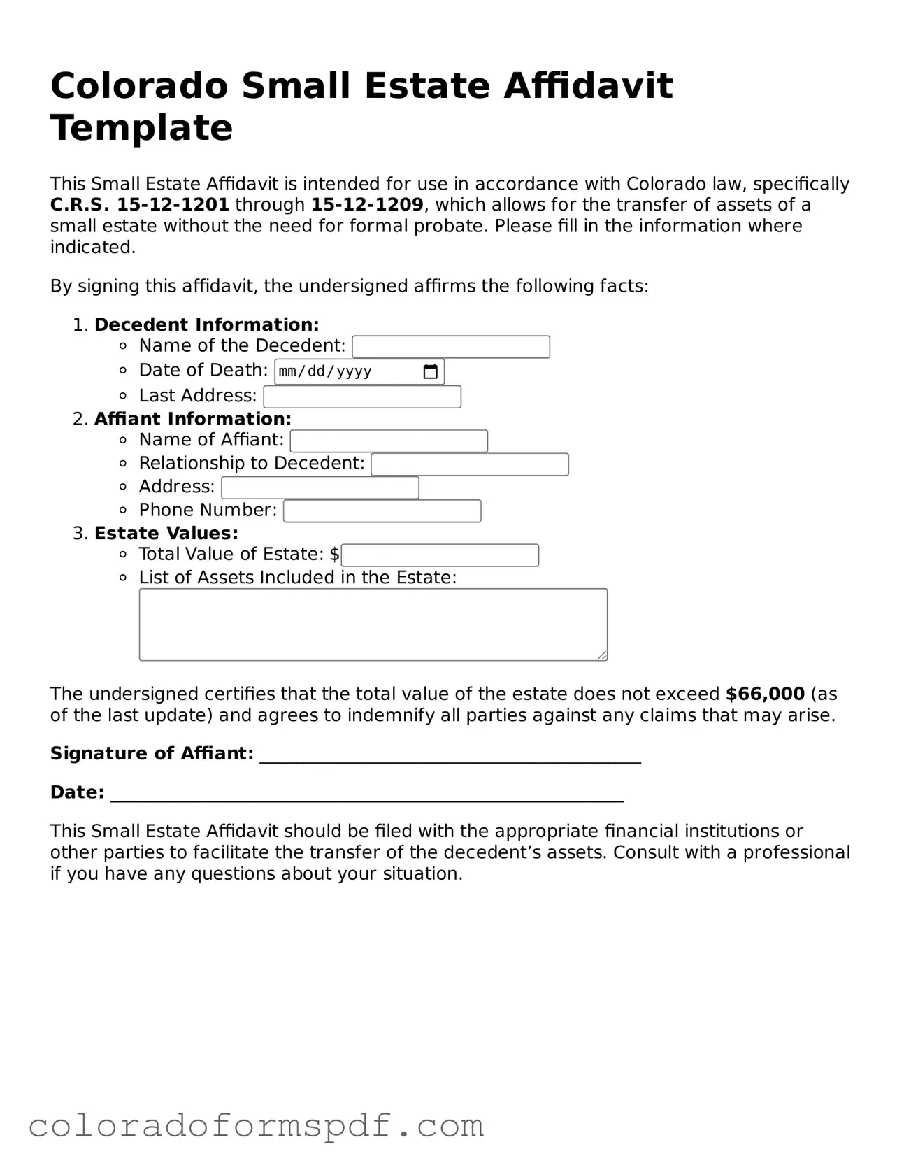 Official Small Estate Affidavit Template for Colorado State