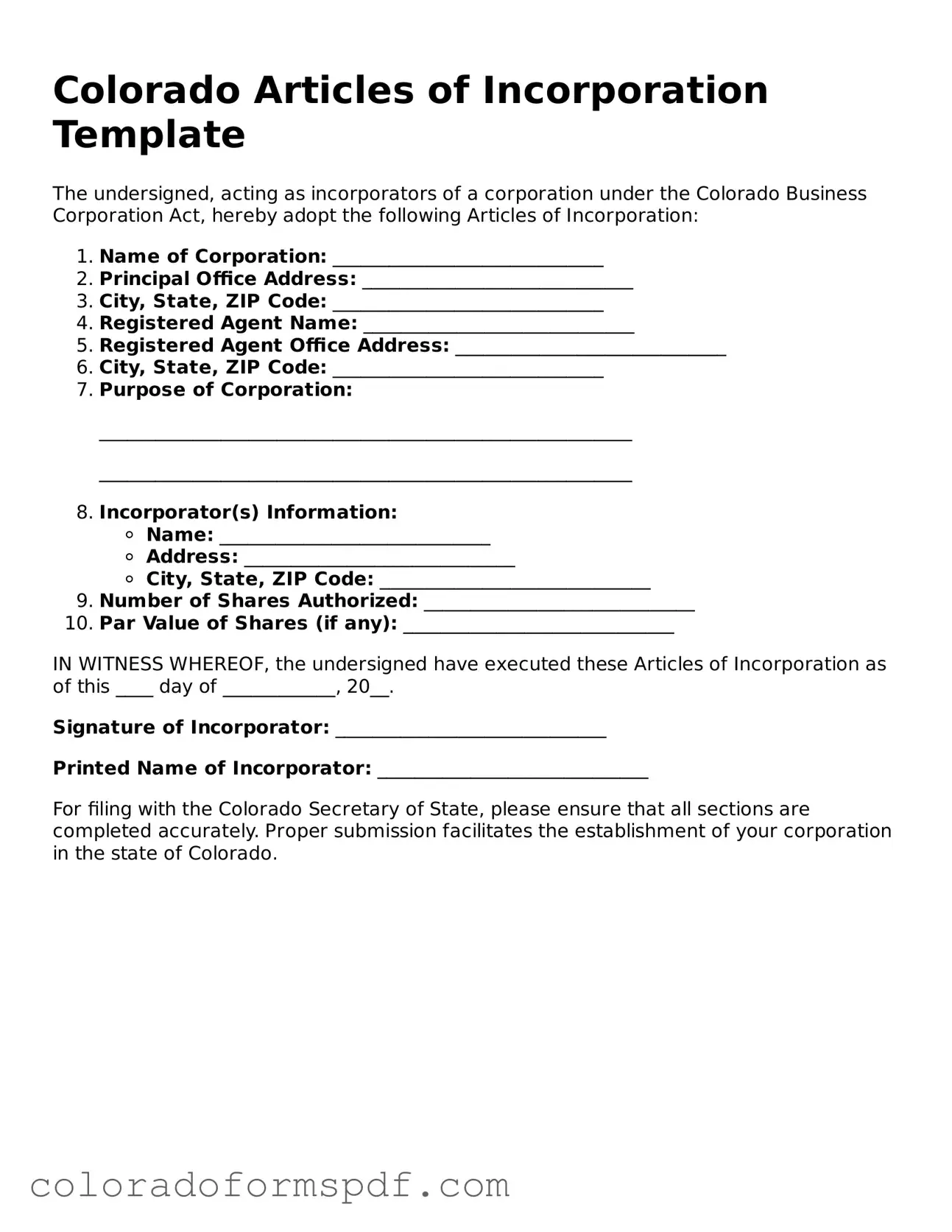 Official Articles of Incorporation Template for Colorado State