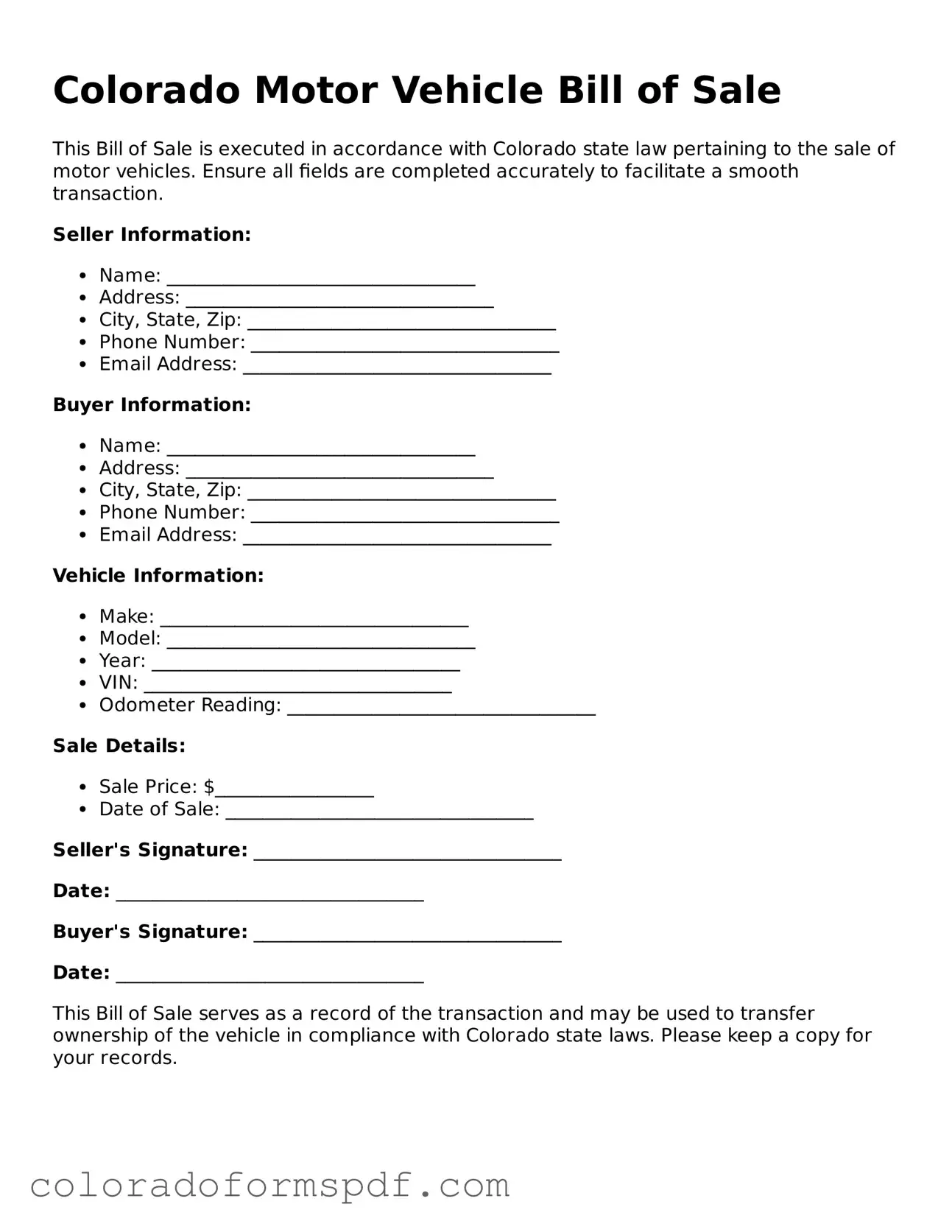 Official Motor Vehicle Bill of Sale Template for Colorado State