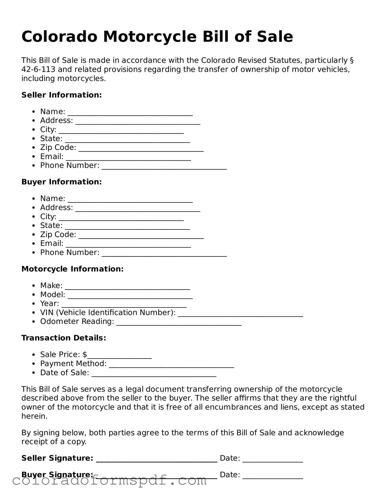 Official Motorcycle Bill of Sale Template for Colorado State