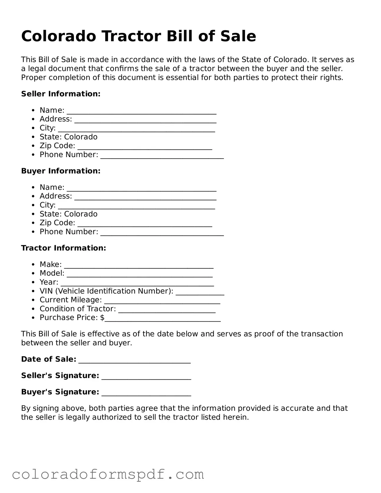 Official Tractor Bill of Sale Template for Colorado State