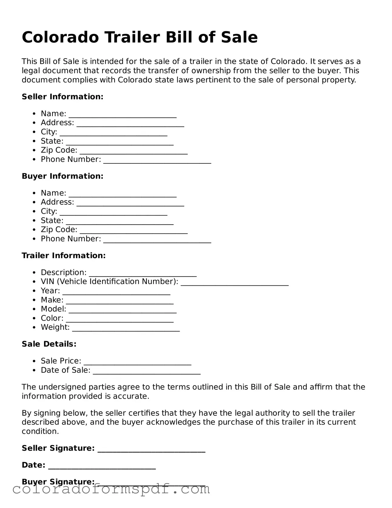 Official Trailer Bill of Sale Template for Colorado State