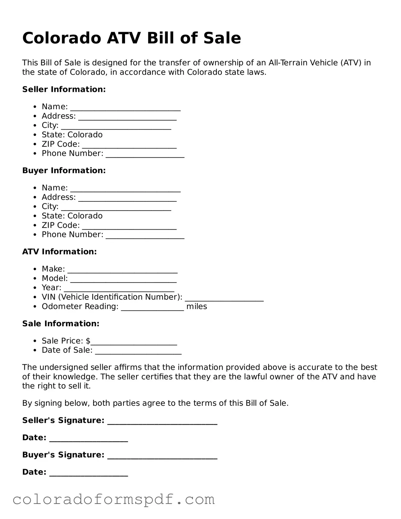 Official ATV Bill of Sale Template for Colorado State