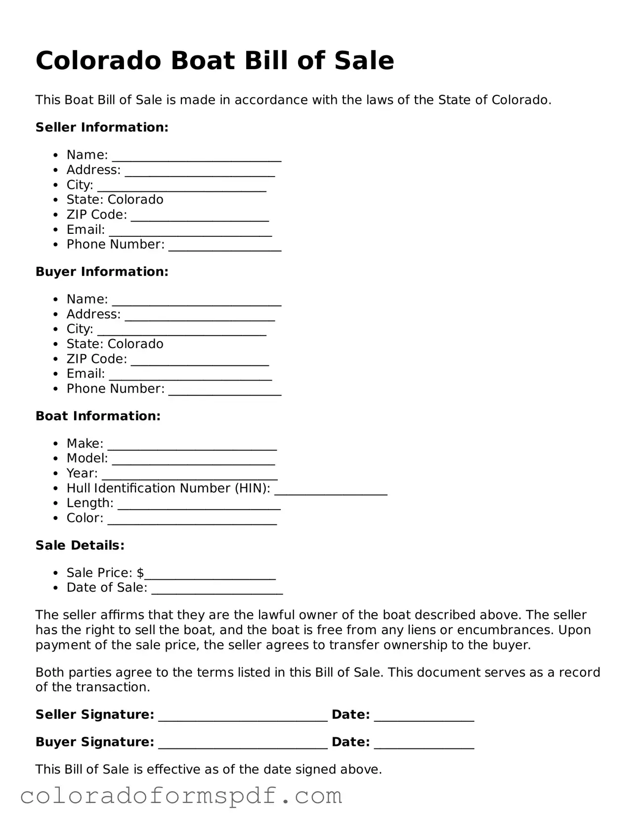 Official Boat Bill of Sale Template for Colorado State
