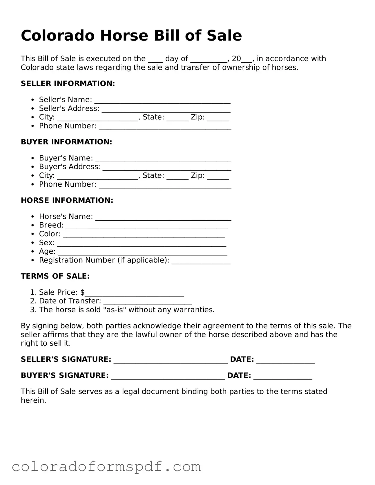 Official Horse Bill of Sale Template for Colorado State