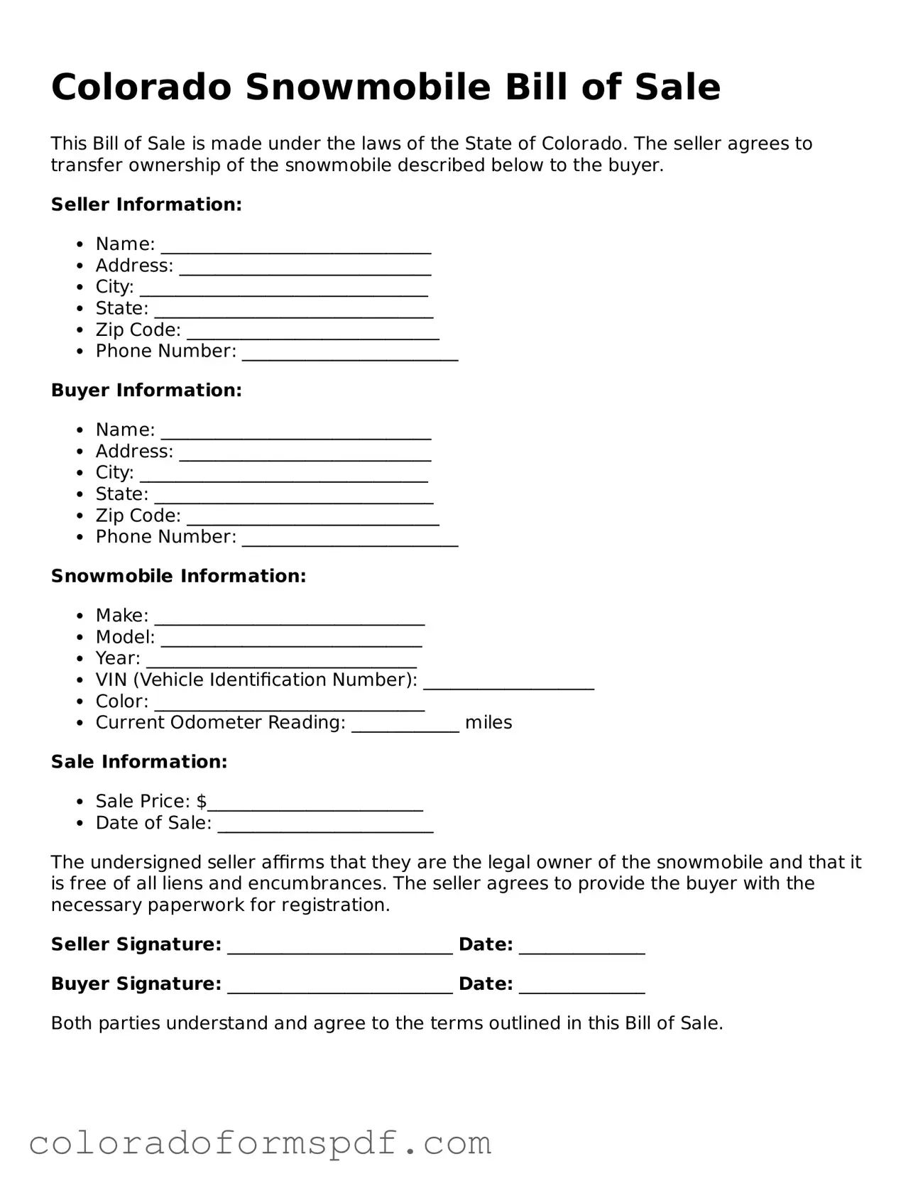 Official Snowmobile Bill of Sale Template for Colorado State