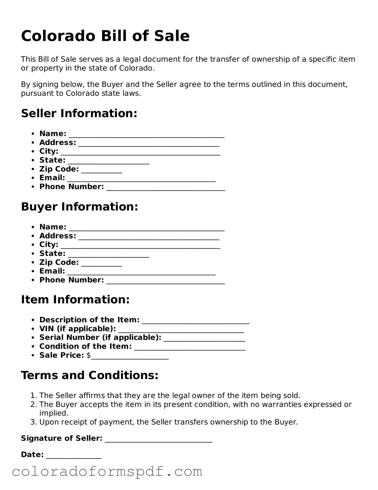 Official Bill of Sale Template for Colorado State