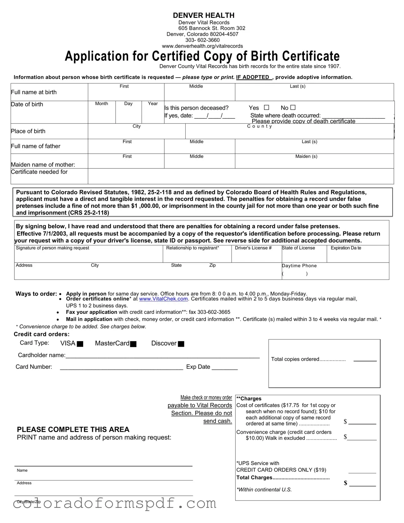 Get Colorado Denver Application Birth Certificate Form