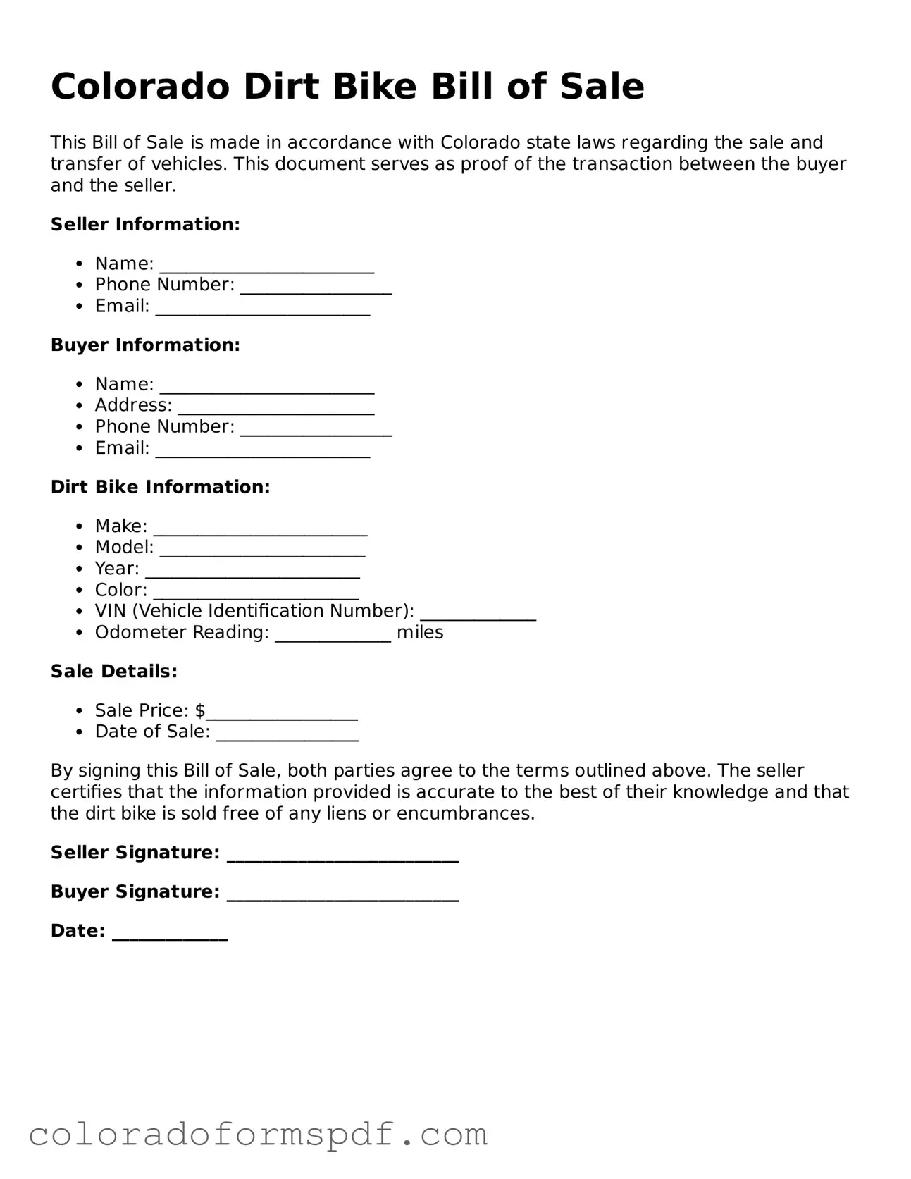 Official Dirt Bike Bill of Sale Template for Colorado State