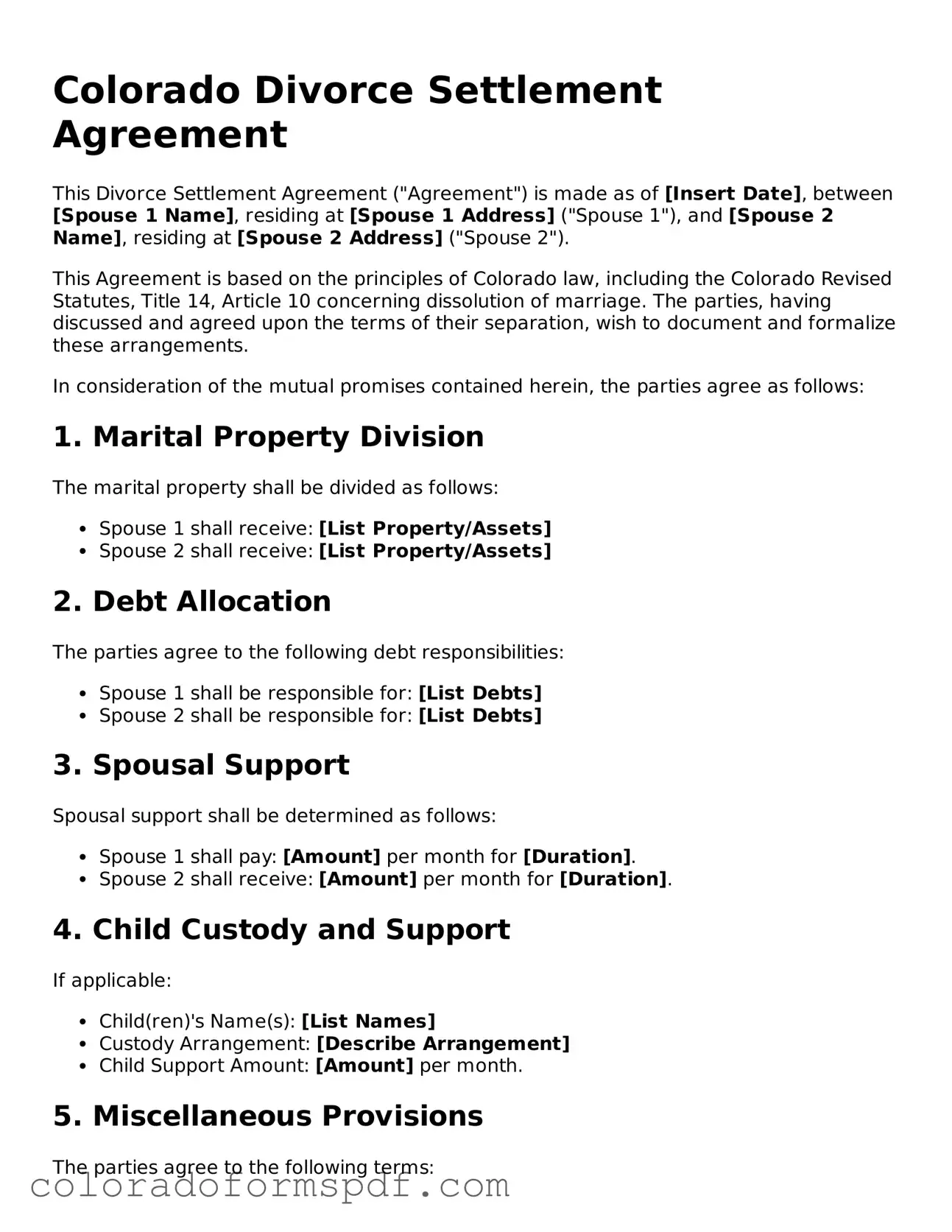 Official Divorce Settlement Agreement Template for Colorado State