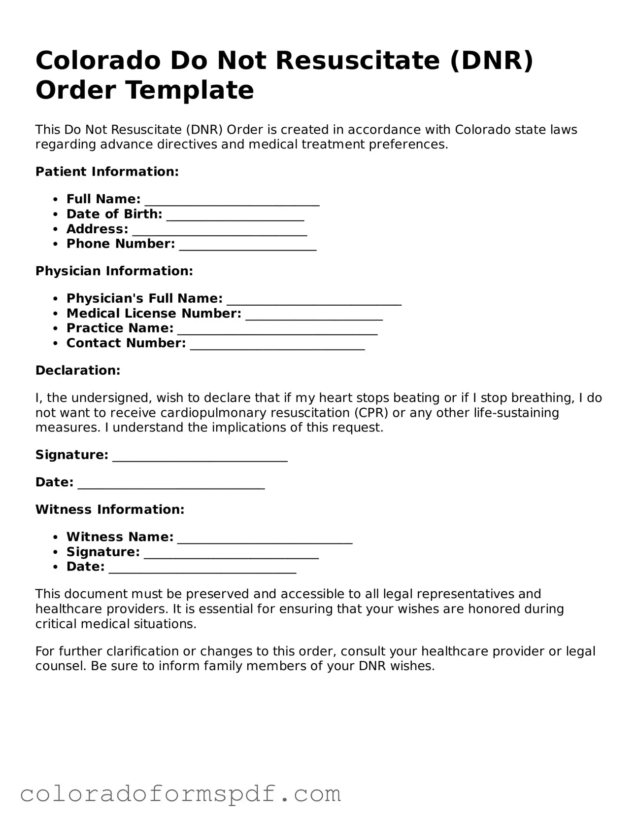 Official Do Not Resuscitate Order Template for Colorado State