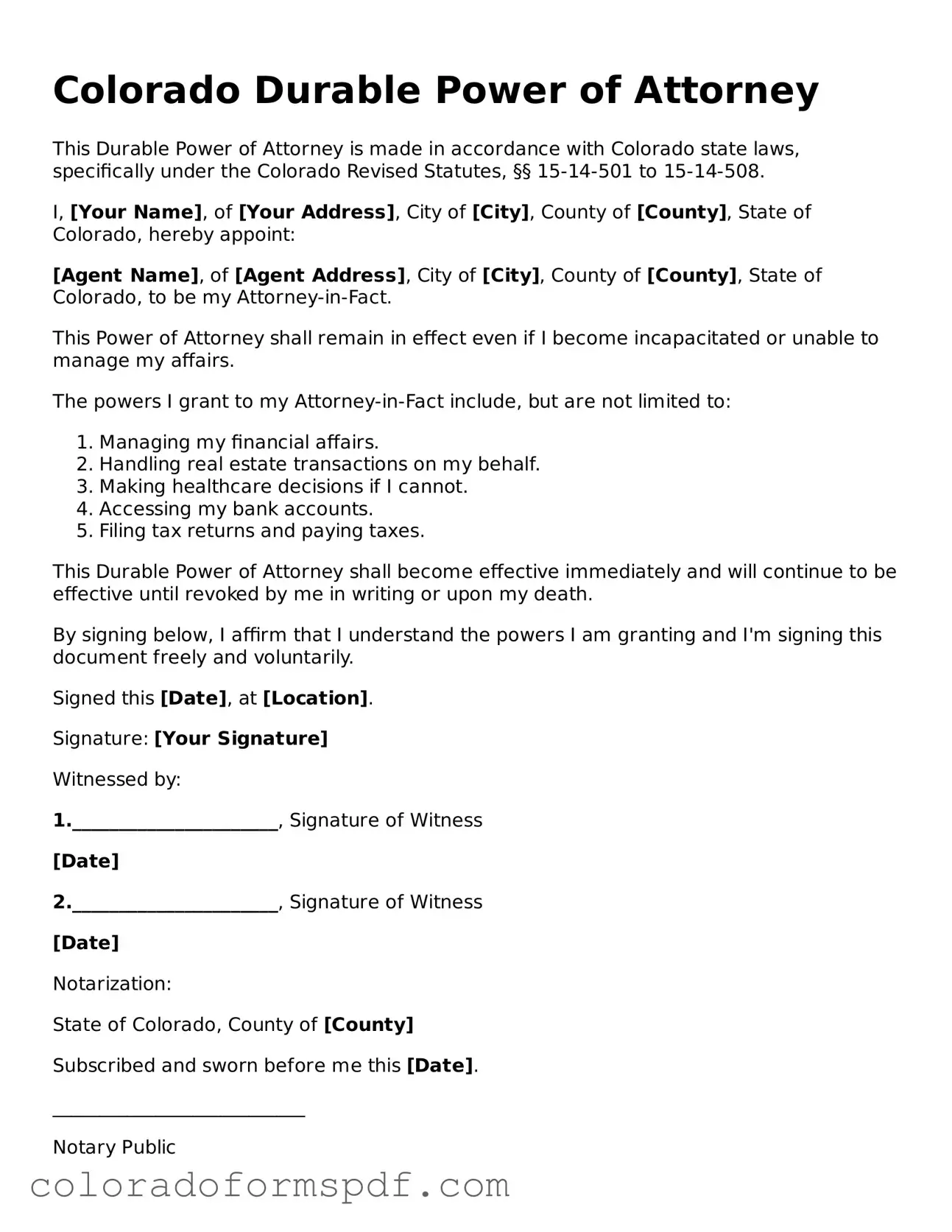 Official Durable Power of Attorney Template for Colorado State