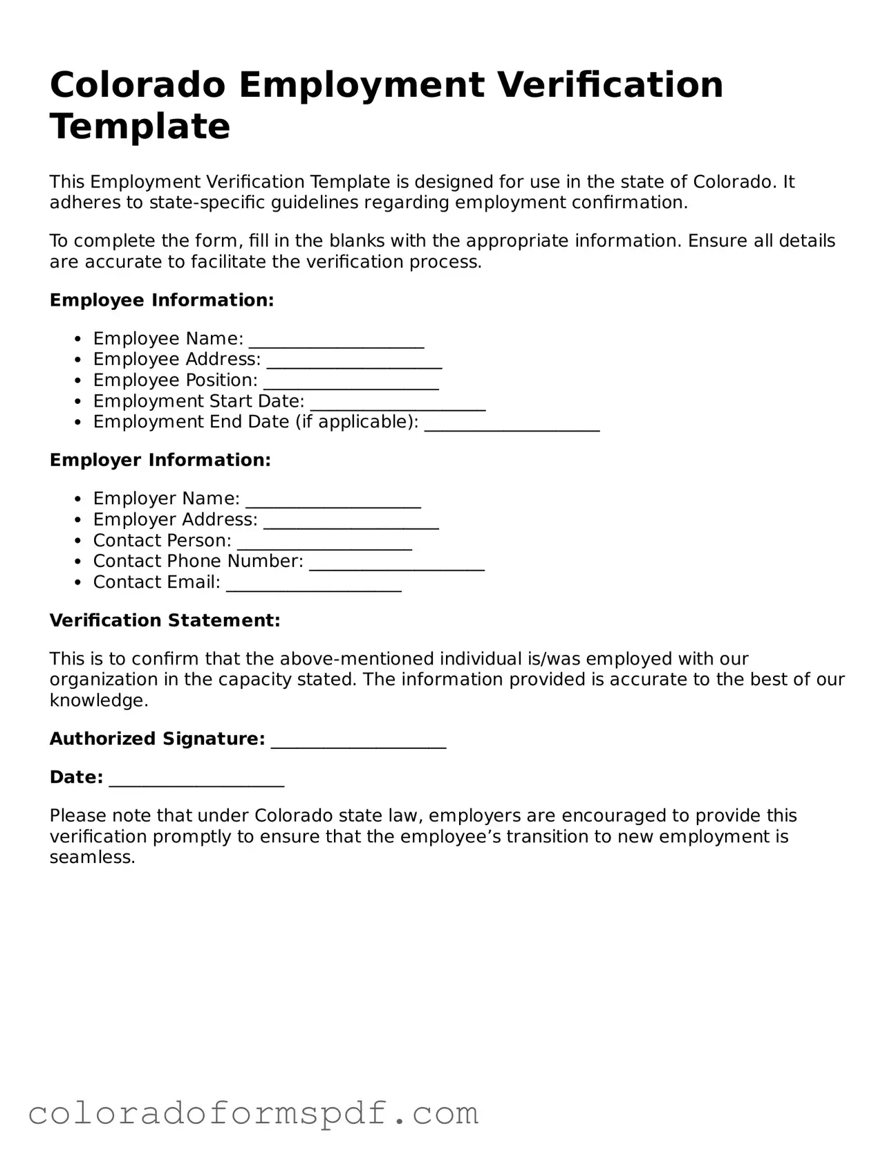 Official Employment Verification Template for Colorado State
