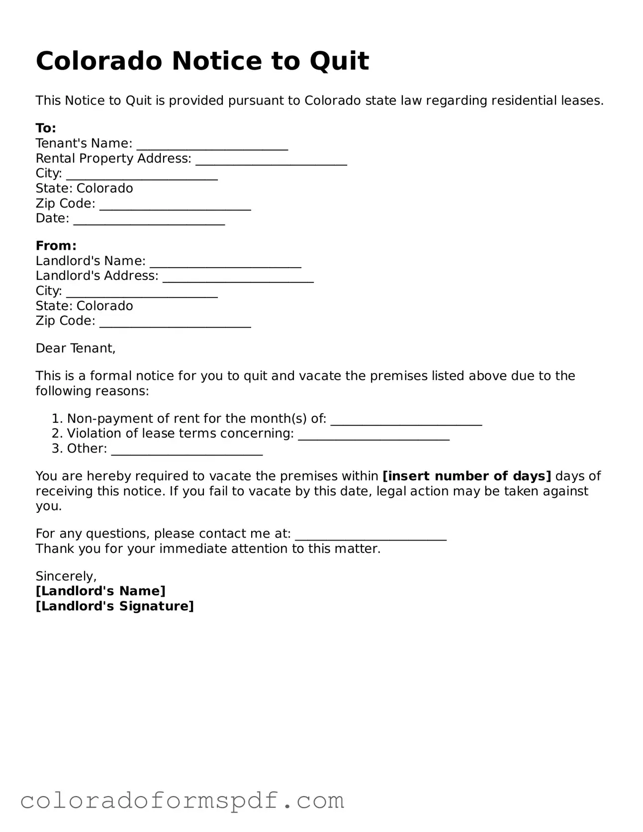 Official Notice to Quit Template for Colorado State