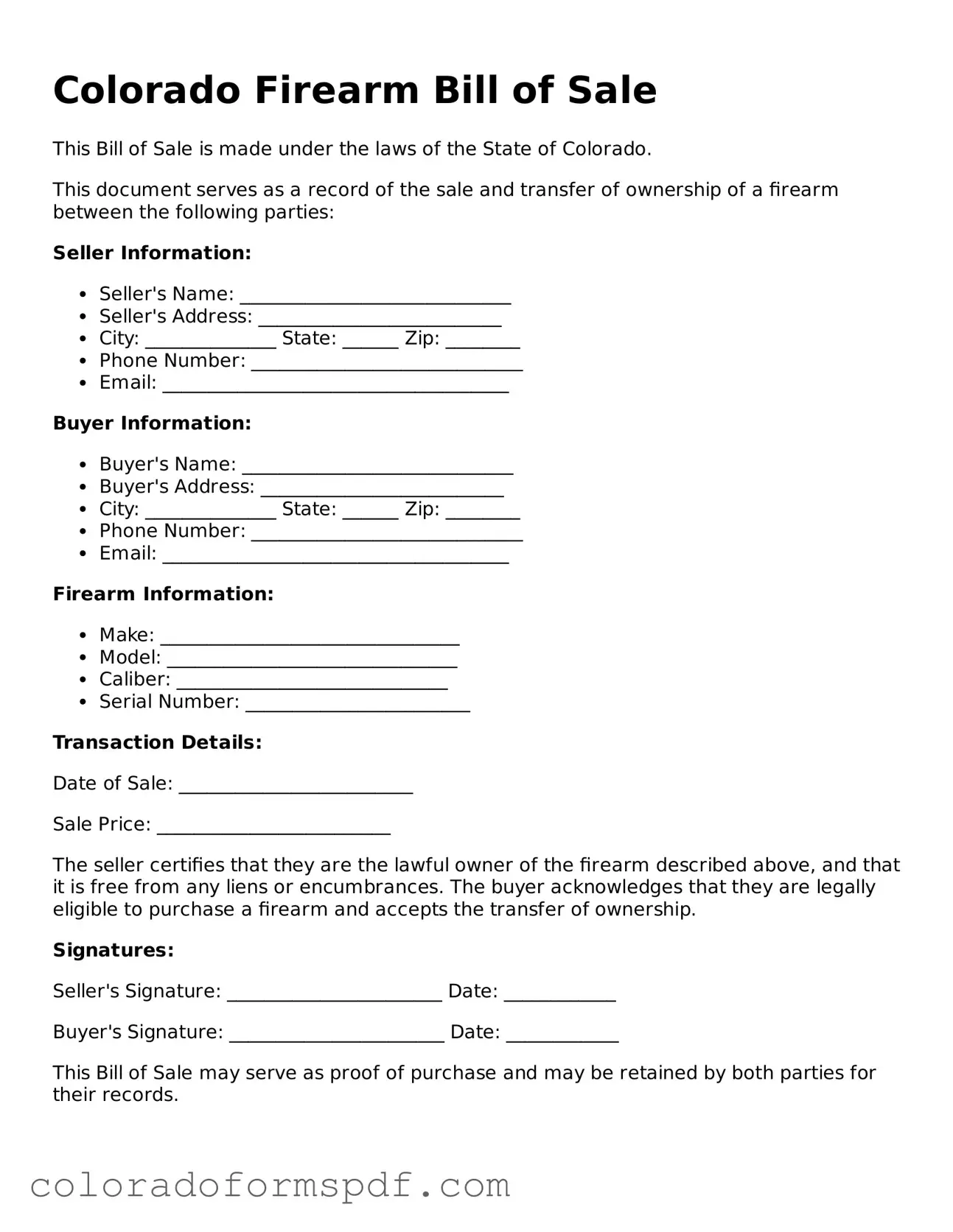 Official Firearm Bill of Sale Template for Colorado State
