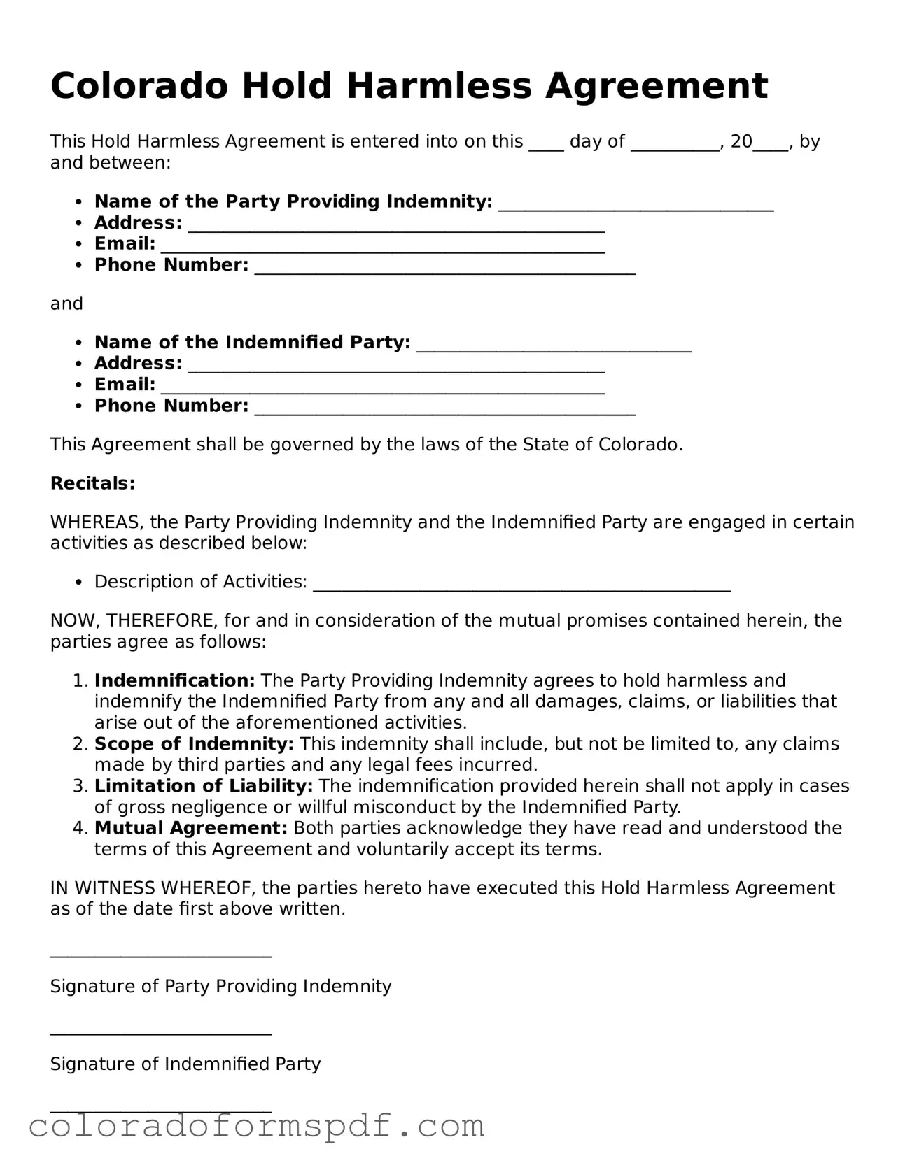Official Hold Harmless Agreement Template for Colorado State