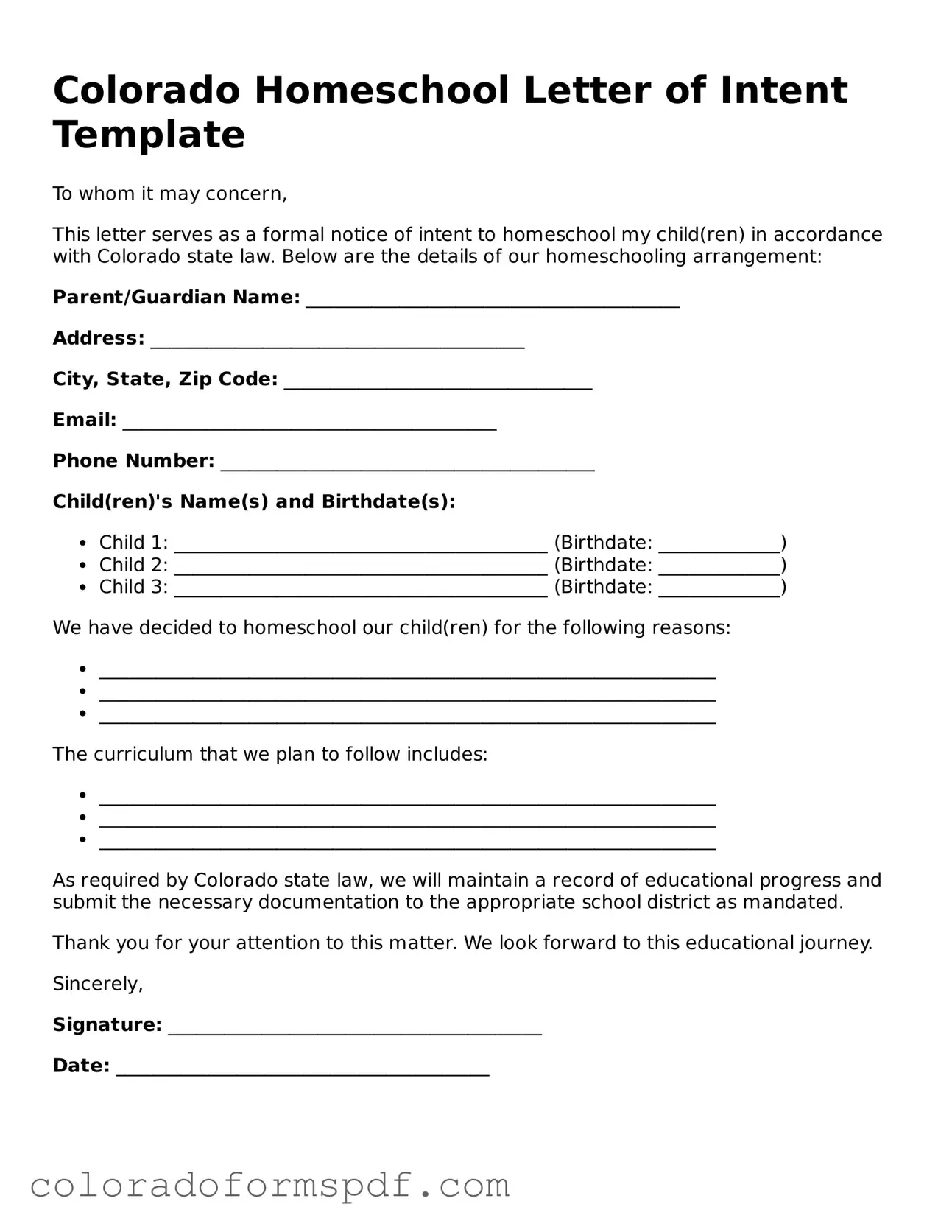 Official Homeschool Letter of Intent Template for Colorado State