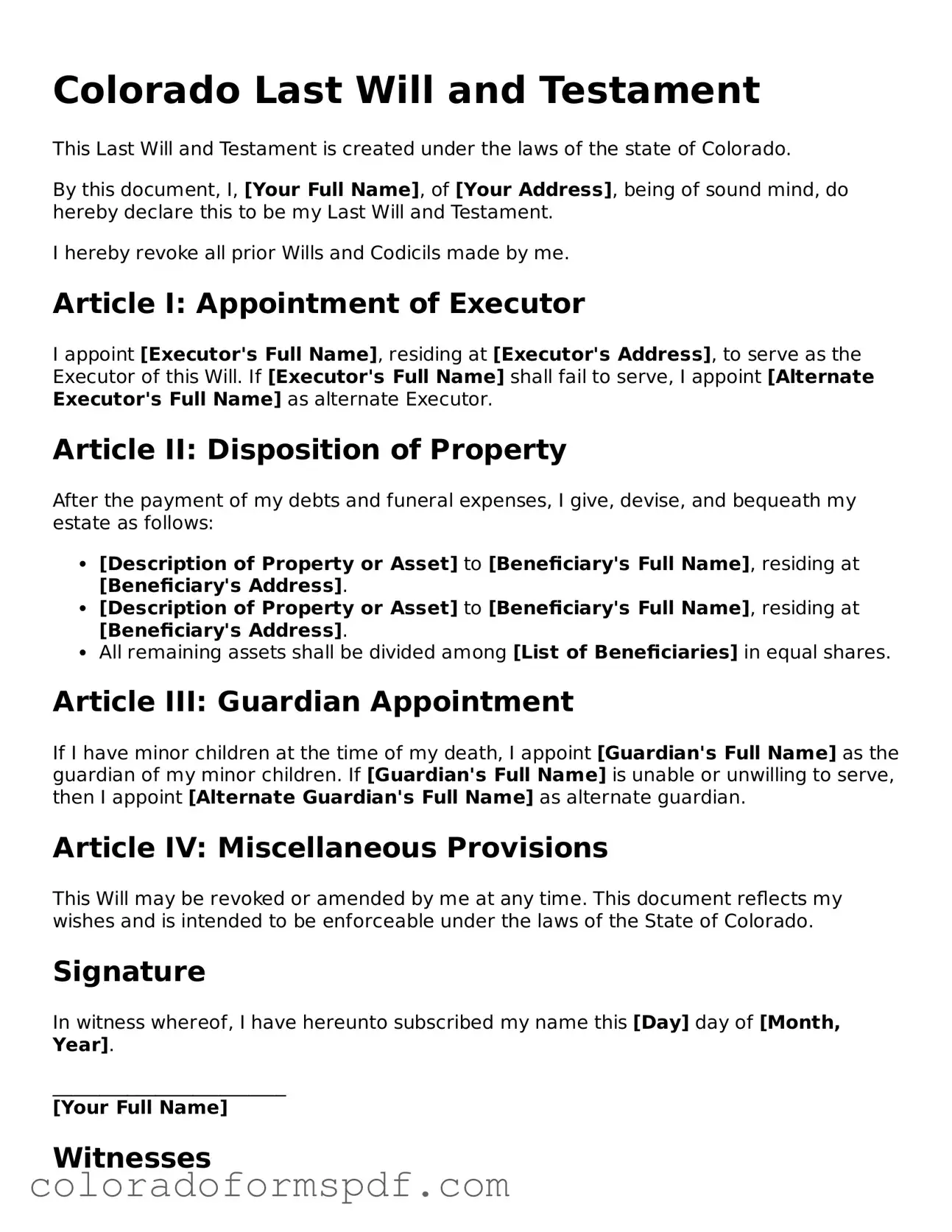 Official Last Will and Testament Template for Colorado State