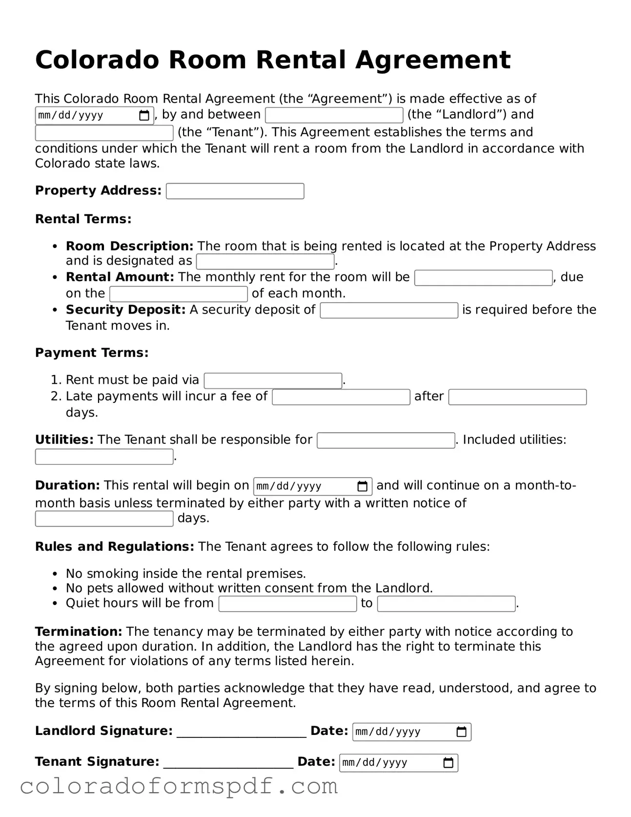 Official Room Rental Agreement Template for Colorado State
