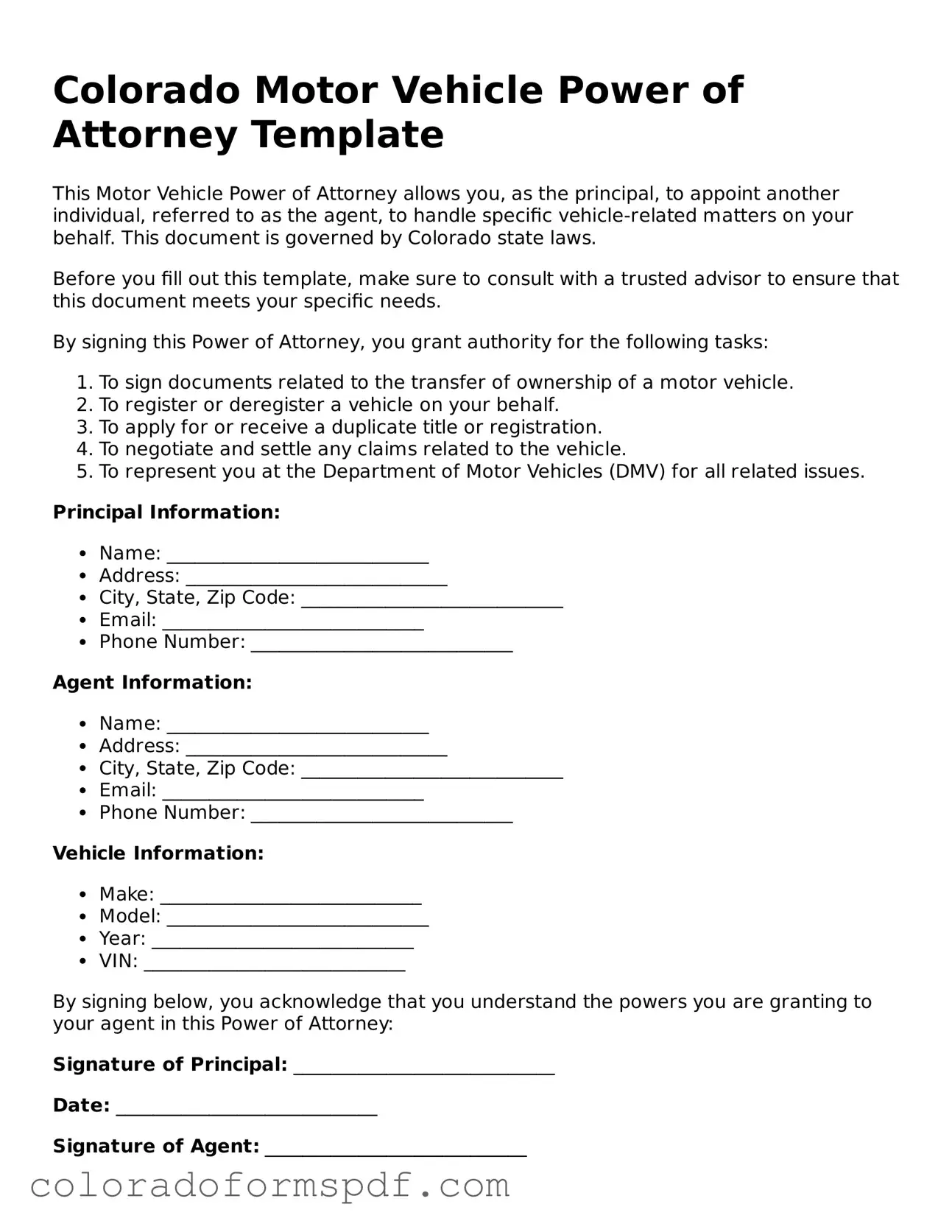 Official Motor Vehicle Power of Attorney Template for Colorado State