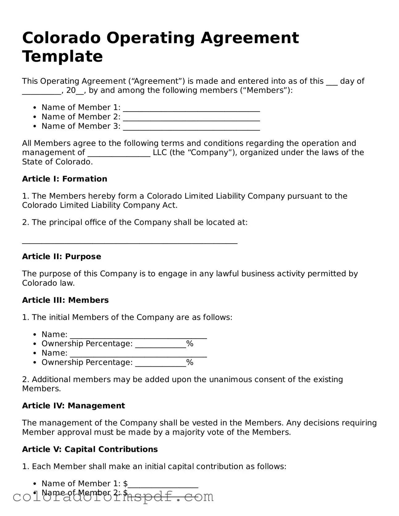 Official Operating Agreement Template for Colorado State