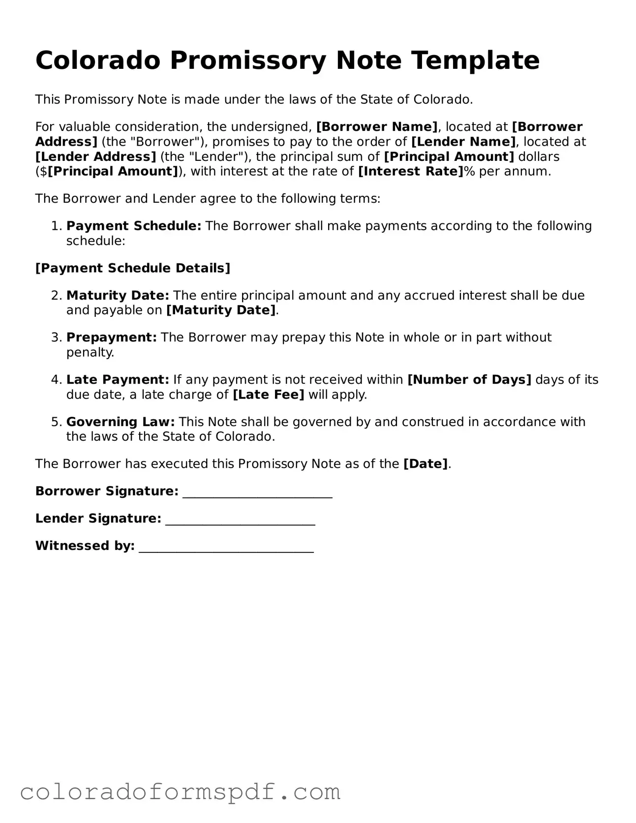 Official Promissory Note Template for Colorado State