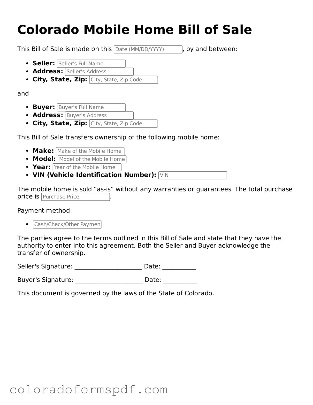 Official Mobile Home Bill of Sale Template for Colorado State