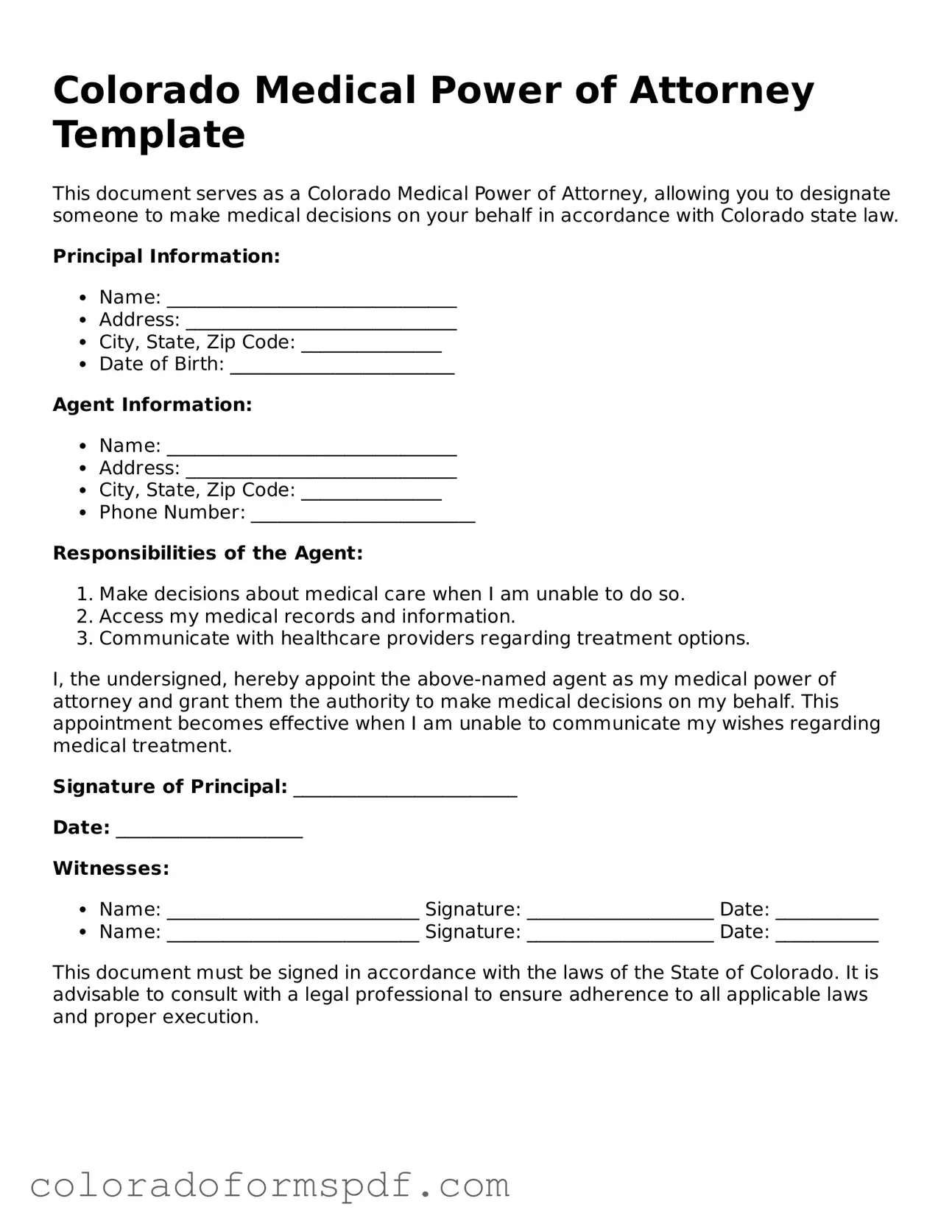 Official Medical Power of Attorney Template for Colorado State