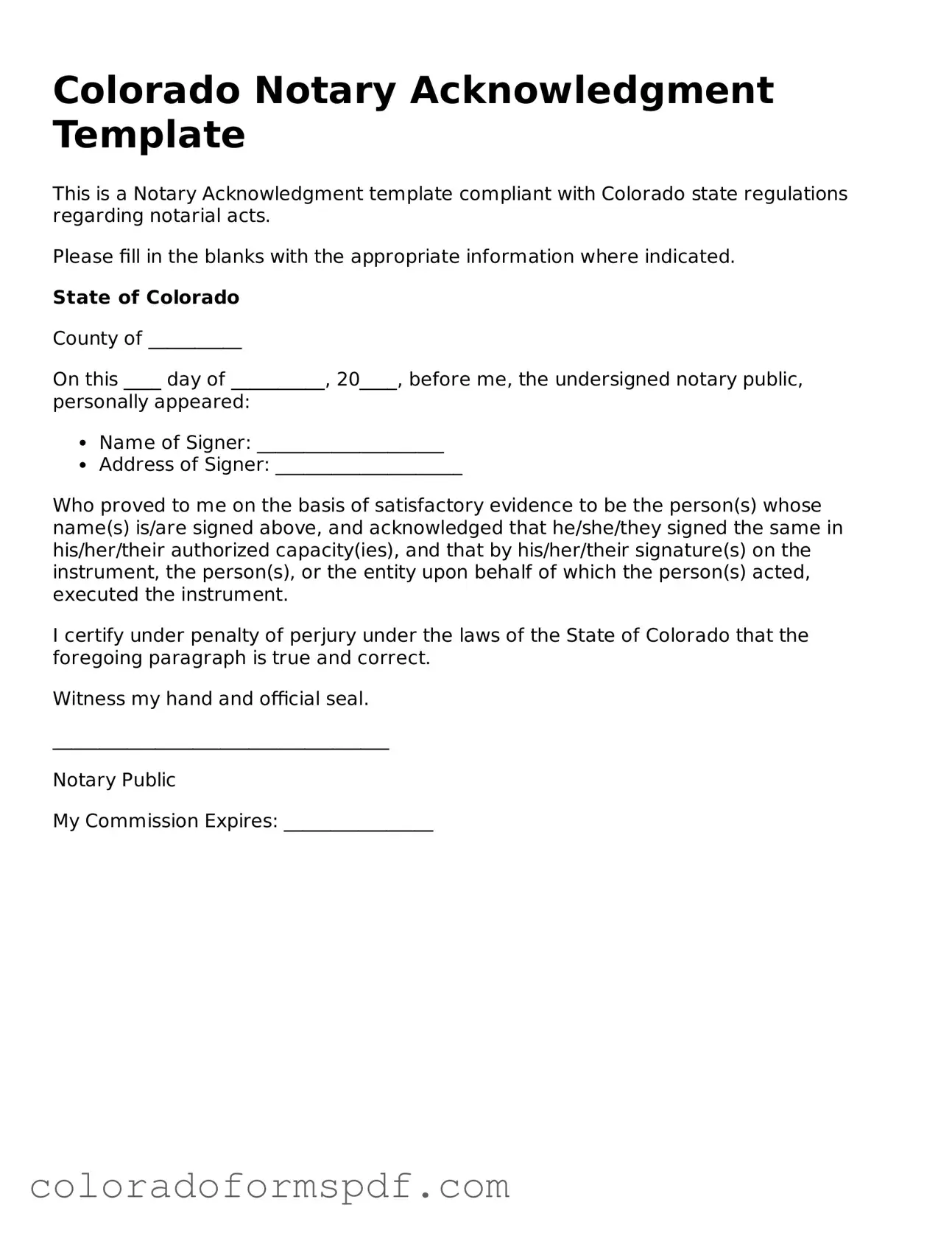 Official Notary Acknowledgement Template for Colorado State