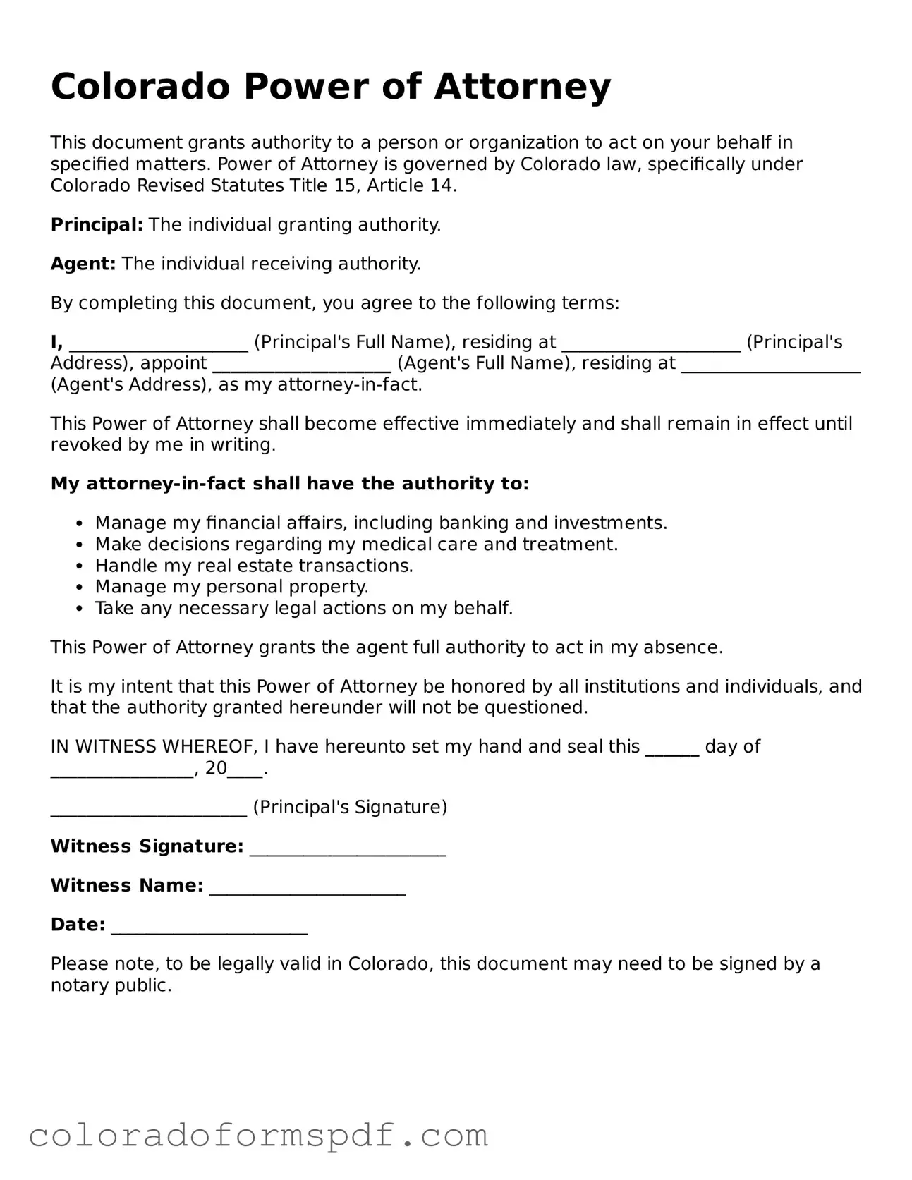 Official Power of Attorney Template for Colorado State