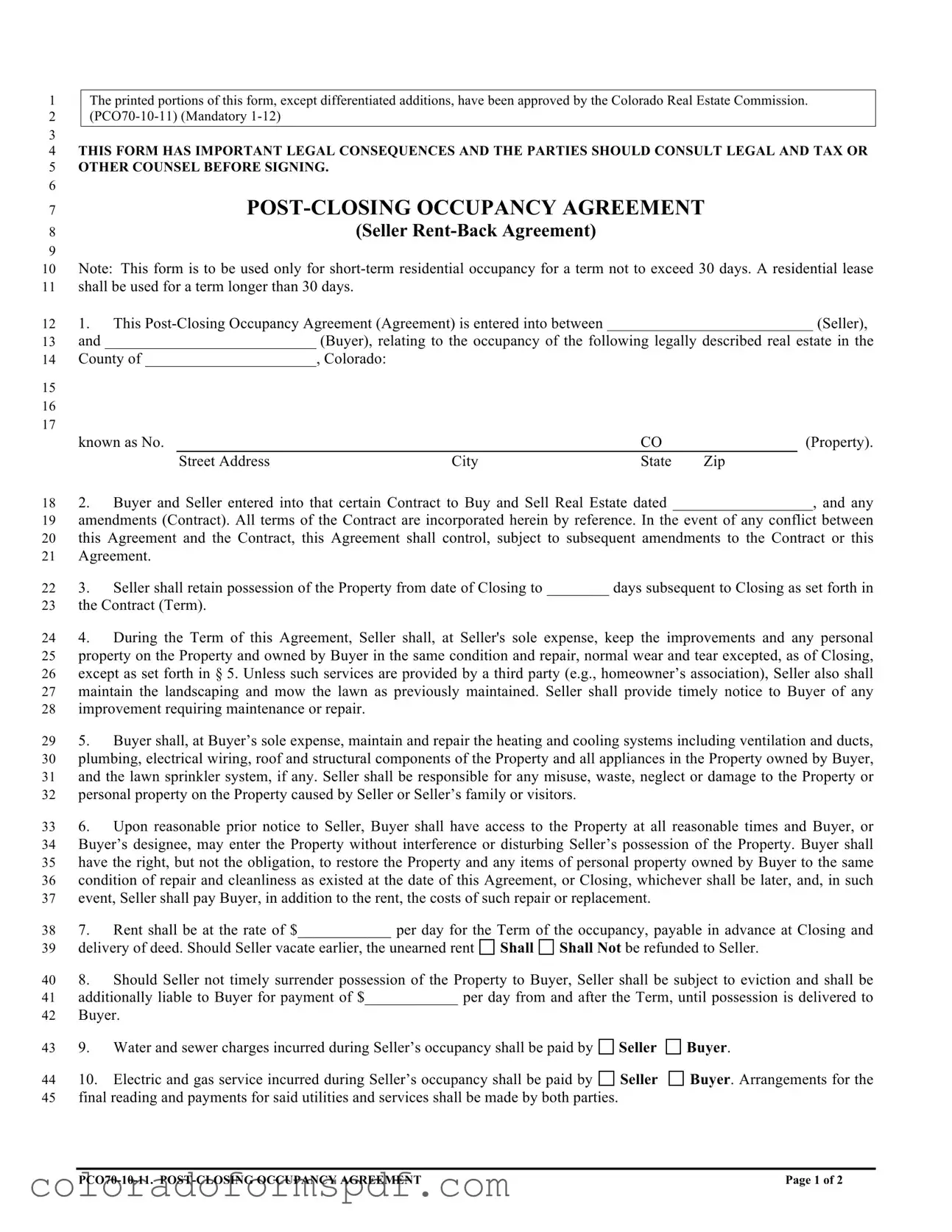 Get Colorado Post Closing Occupancy Agreement Form