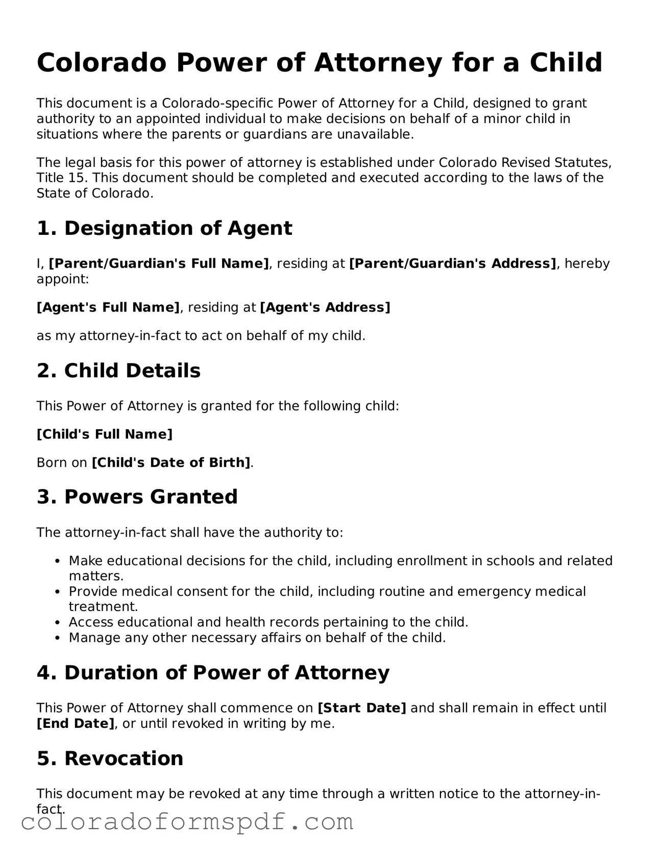 Official Power of Attorney for a Child Template for Colorado State