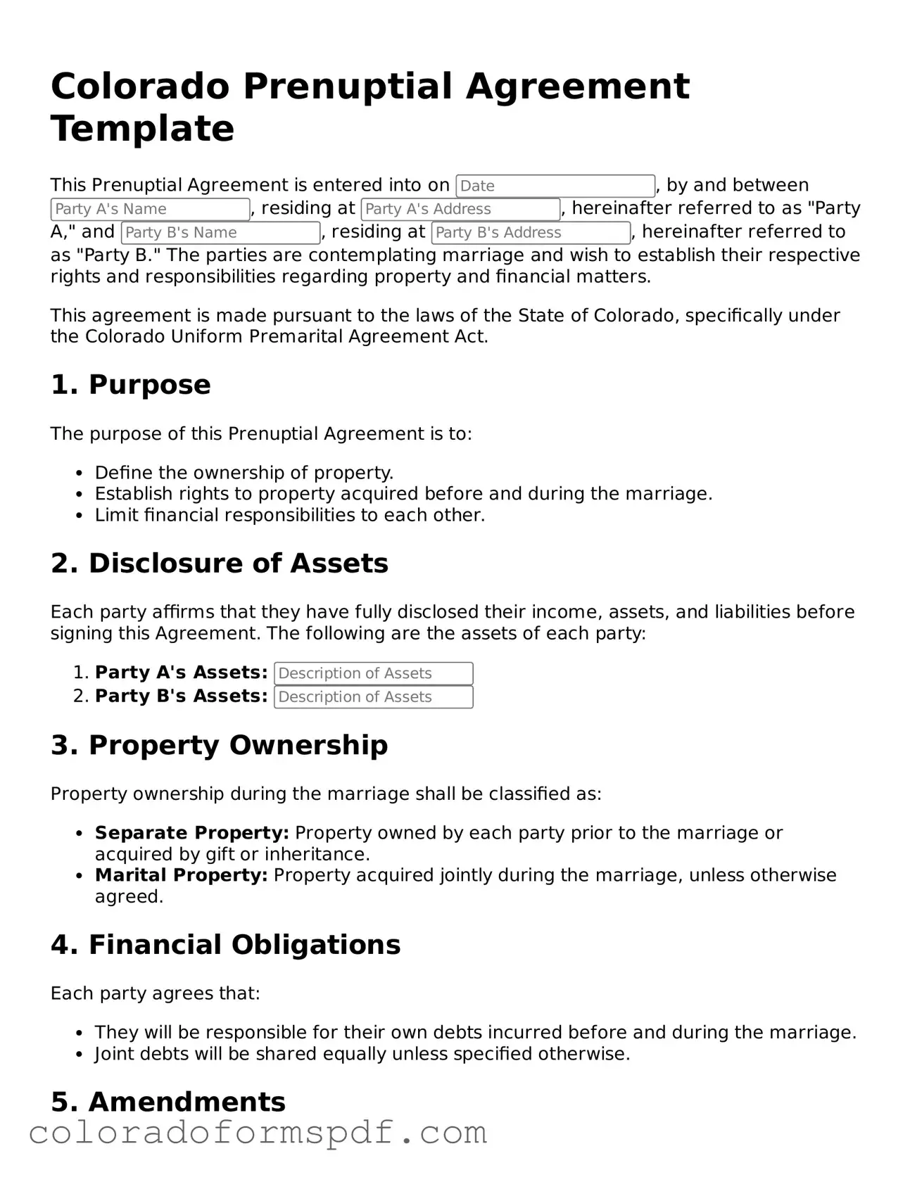 Official Prenuptial Agreement Template for Colorado State