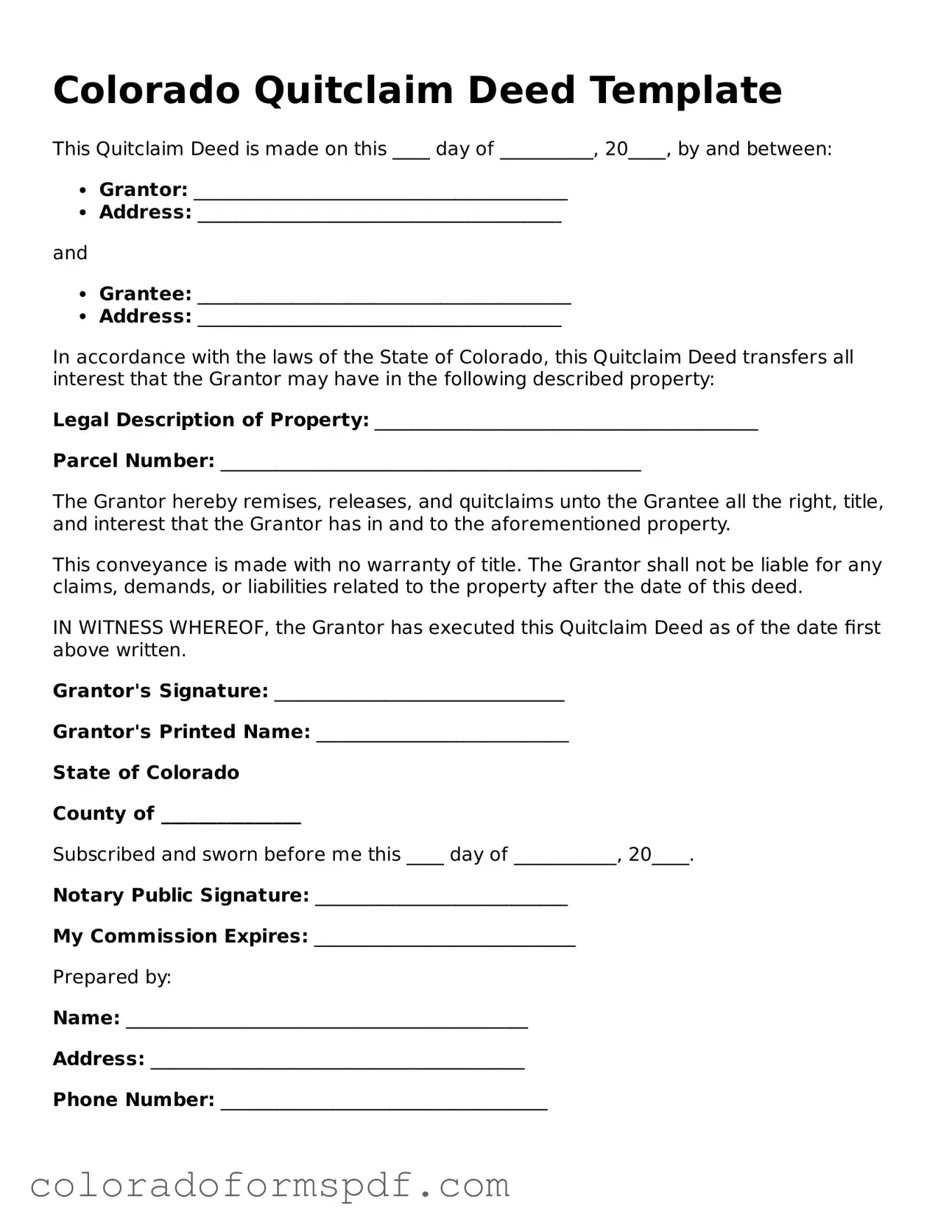 Official Quitclaim Deed Template for Colorado State