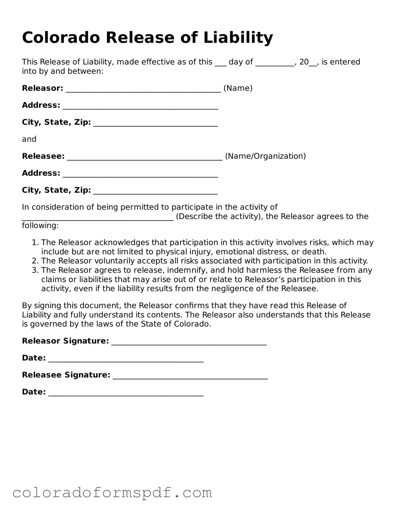 Official Release of Liability Template for Colorado State