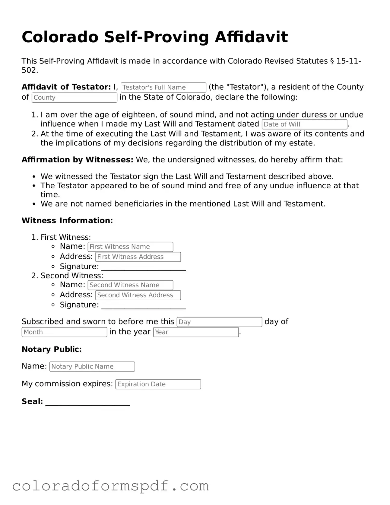 Official Self-Proving Affidavit Template for Colorado State
