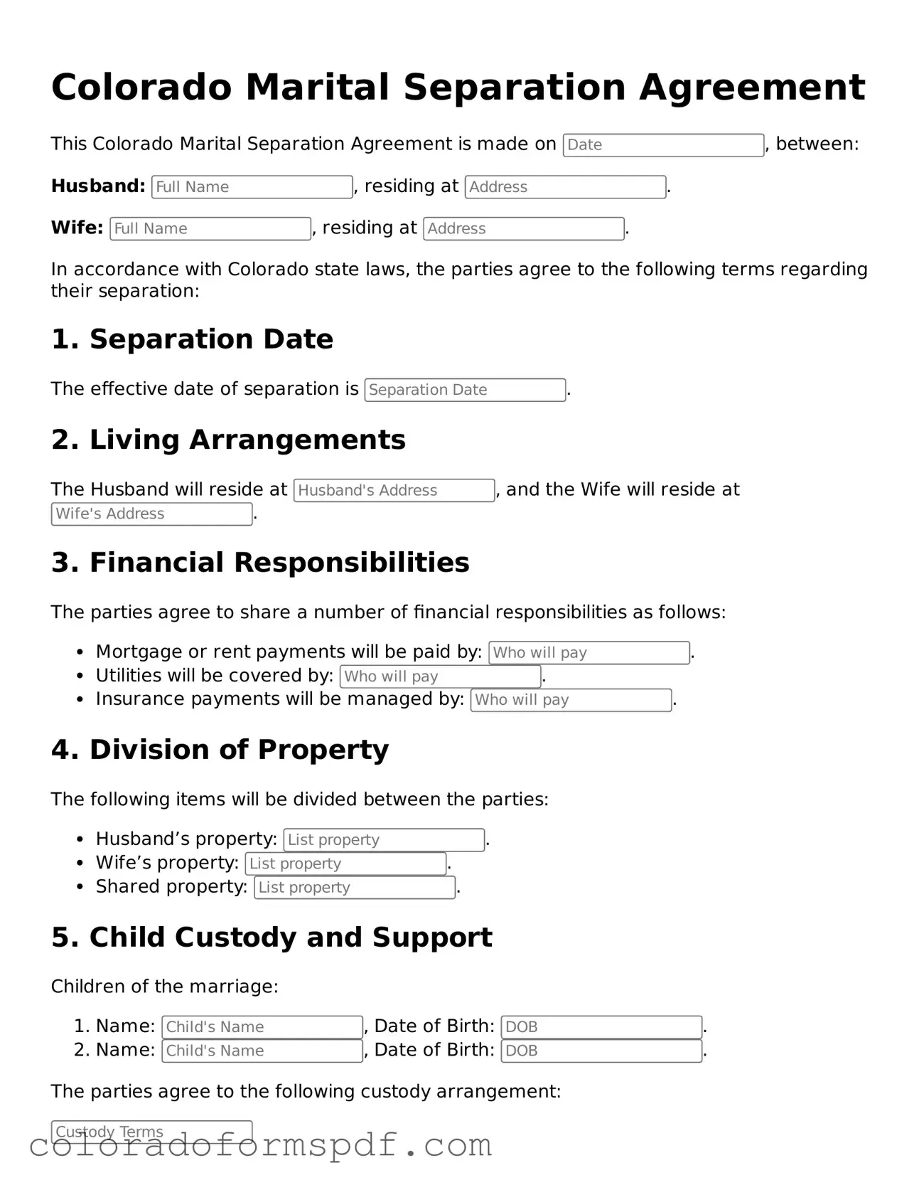 Official Marital Separation Agreement Template for Colorado State