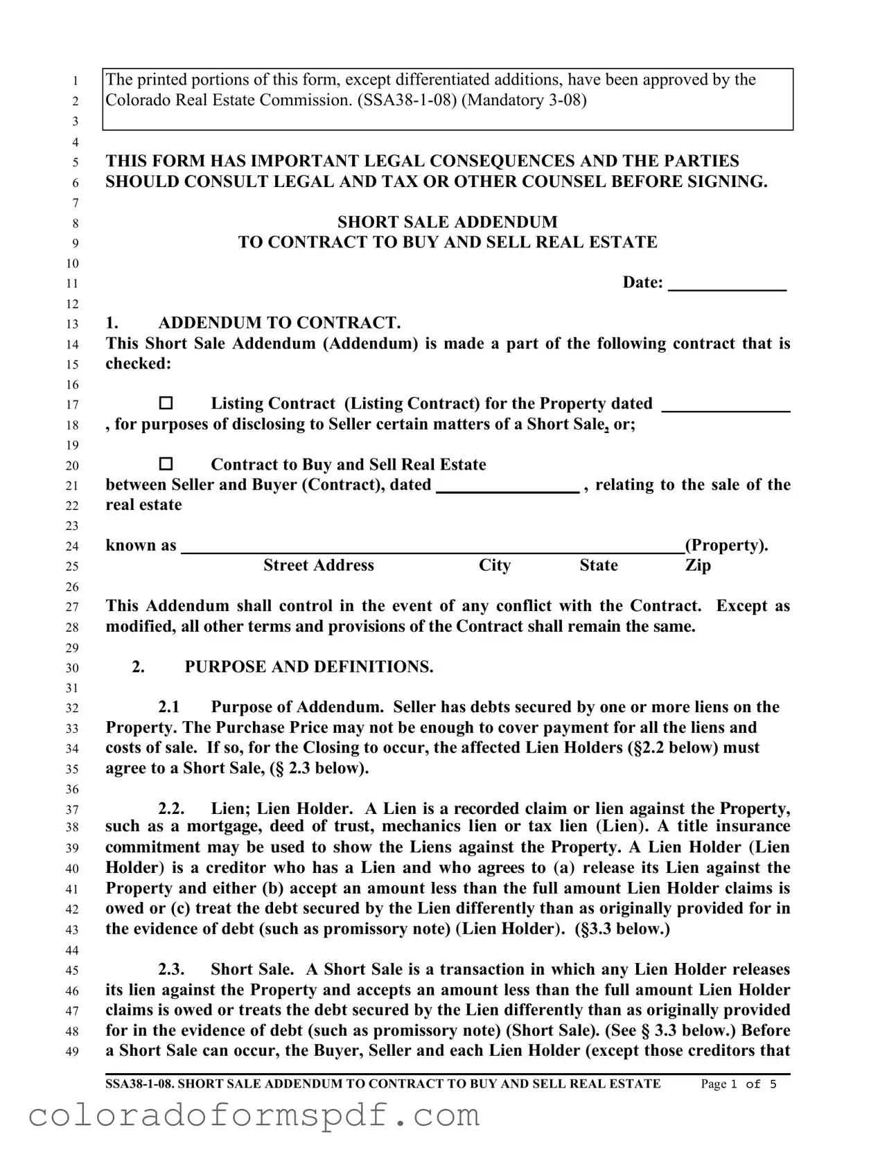 Get Colorado Short Sale Addendum Form