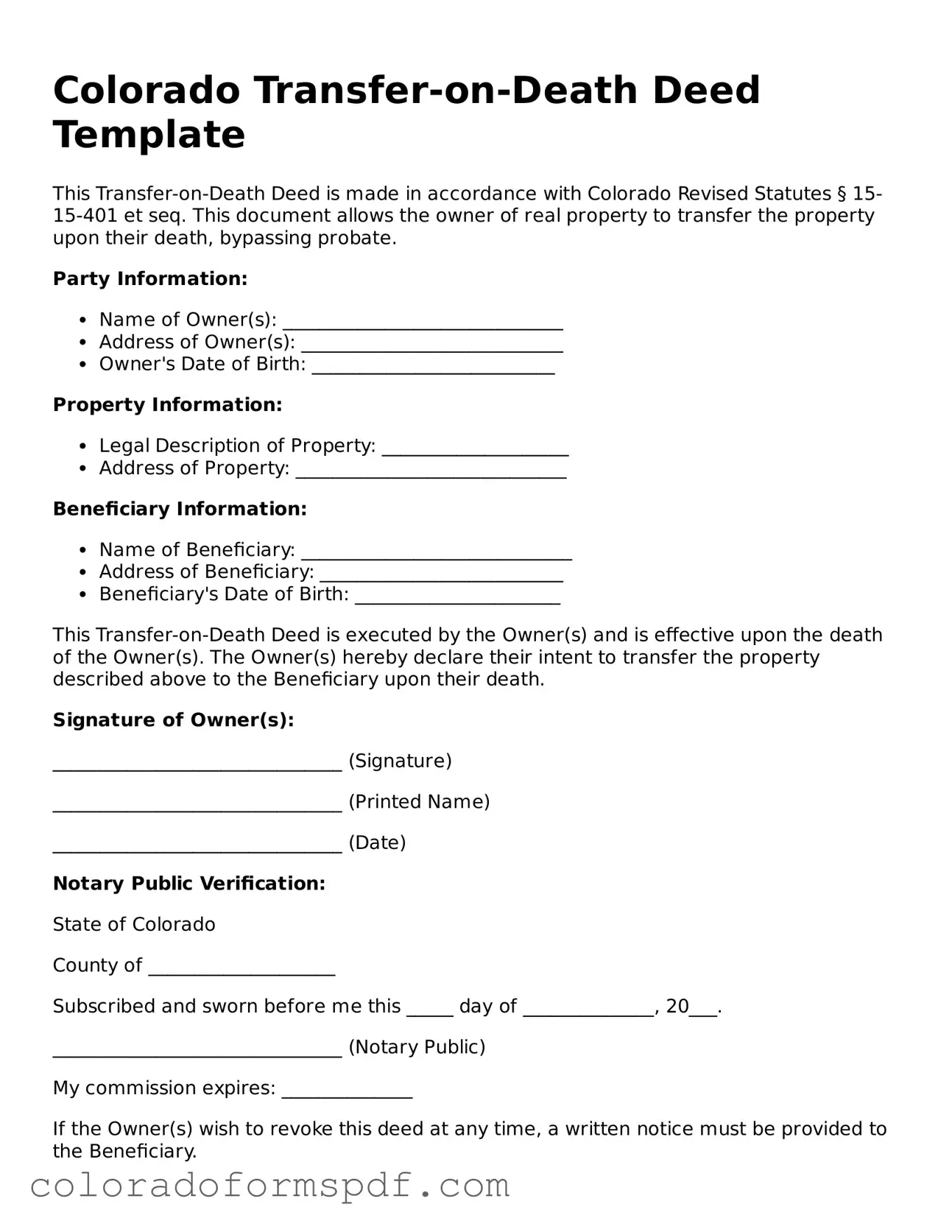 Official Transfer-on-Death Deed Template for Colorado State