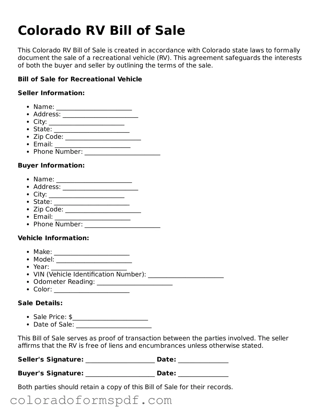 Official RV Bill of Sale Template for Colorado State