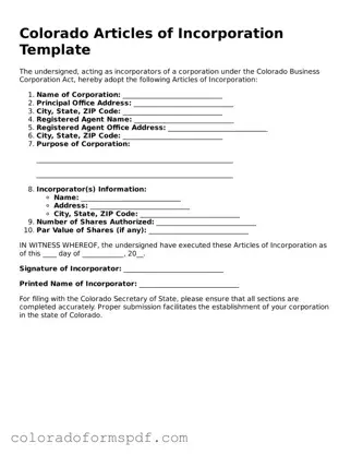 Official Articles of Incorporation Template for Colorado State