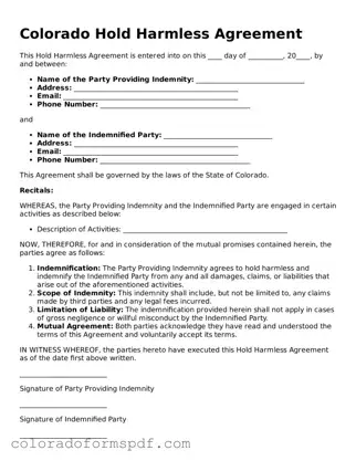 Official Hold Harmless Agreement Template for Colorado State