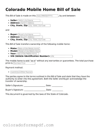 Official Mobile Home Bill of Sale Template for Colorado State
